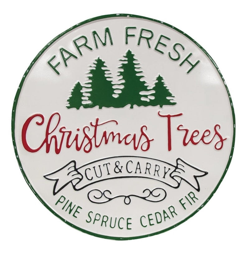 Farm Fresh Christmas Trees Distressed Round Metal Sign