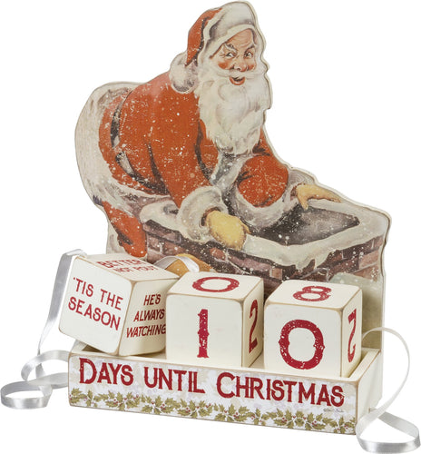 A timeless holiday staple piece, this wooden countdown display features a vintage-inspired Santa Claus and chimney design, 