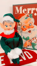 Load image into Gallery viewer, Vintage Pixie Knee Hugger Vintage Elf, Emerald Green Red collar Wired body 20cm sitting, 30cm 
