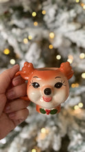Load image into Gallery viewer, Our sweet little vintage inspired ceramic reindeer mugs are perfect for teeny tiny hands . Or to style into your tiered trays and decor.    Dasher is the first release in our ‘Santa&#39;s Retro Reindeer Collection’  Why not collect the whole set!    Measures approximately 8cm   100mls     * Each of our little mugs are hand painted, there may be slight variances in colour and paint details.   We recommend hand wash for longevity
