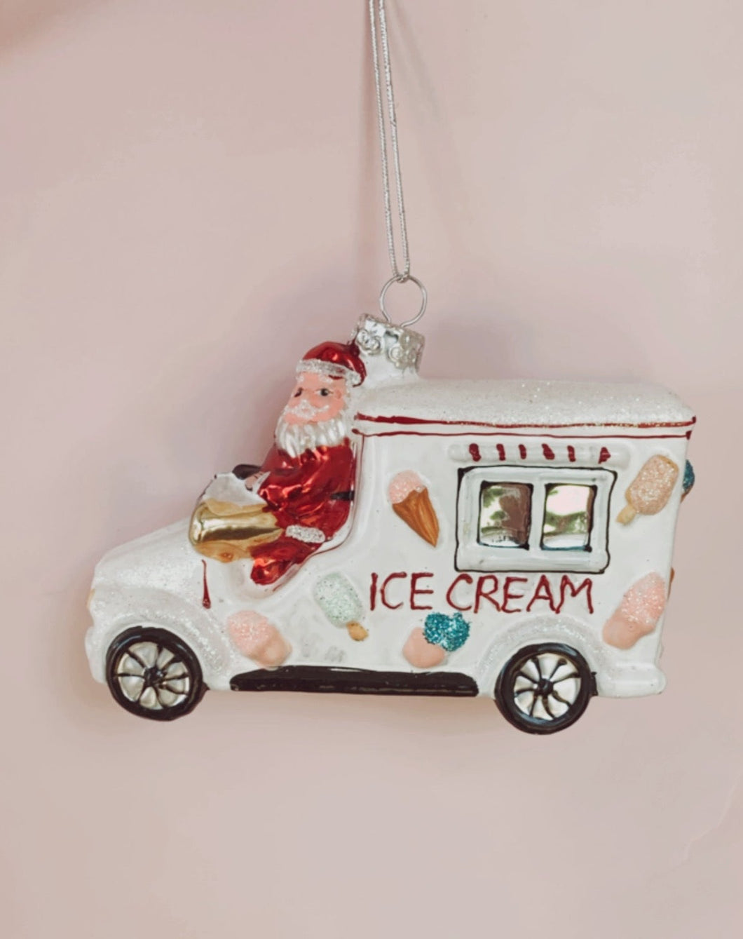 Santa Ice Cream Truck Glass Ornament - White