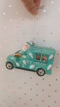Load image into Gallery viewer, Santa Ice Cream Truck Glass Ornament - Blue
