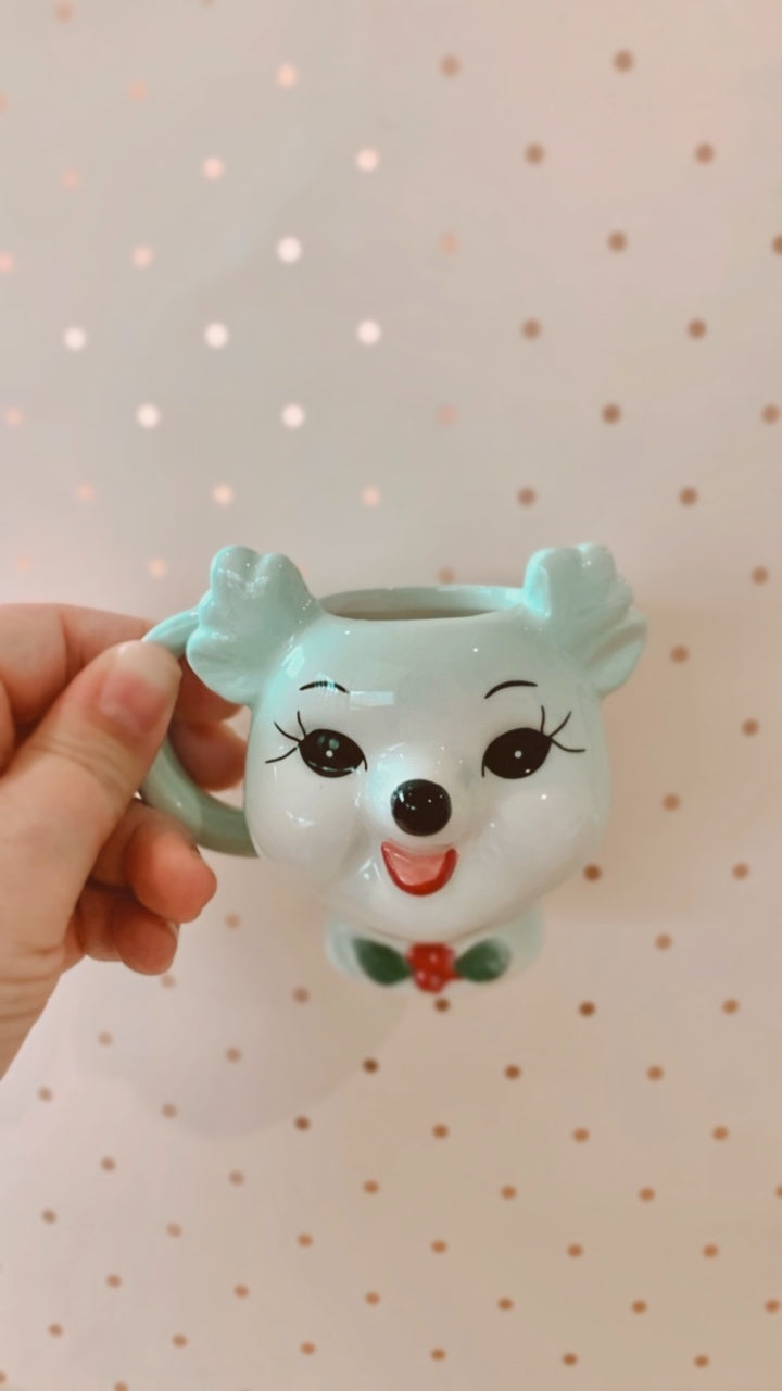 'OH DEER' Mini Retro Reindeer Mug - Blue SECONDS
