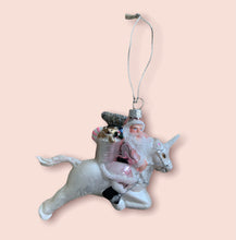 Load image into Gallery viewer, Vintage Pink Santa on Unicorn Glass Ornament

