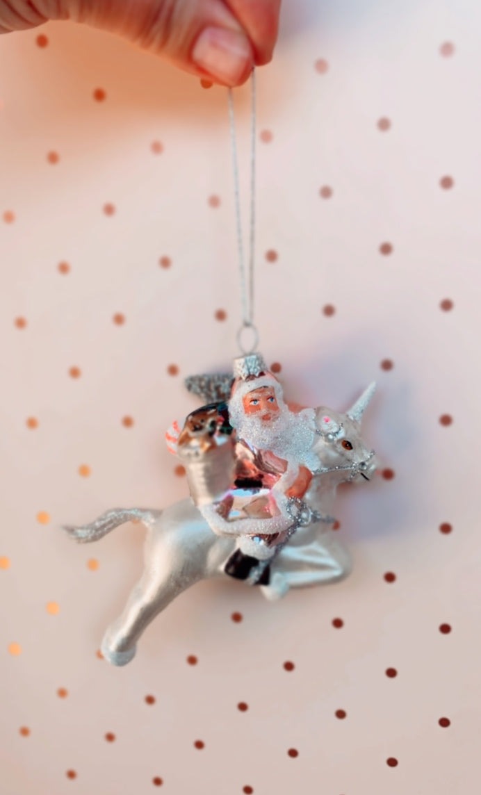 Vintage Pink Santa on Unicorn Glass Ornament