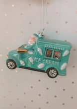 Load image into Gallery viewer, Santa Ice Cream Truck Glass Ornament - Blue
